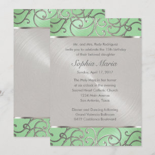 Convites Quinceanera Mint Green e Silver Filigree Swirls