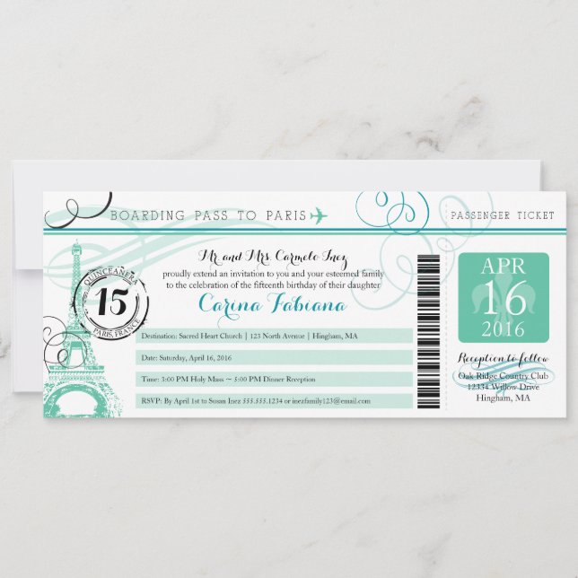 Convites Quinceanera Mint Green e Teal | Paris (Frente)