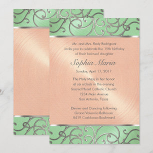 Convites Quinceanera Mint Green Peach Silver Swirl