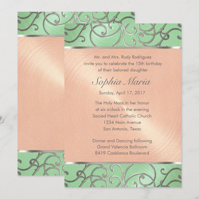 Convites Quinceanera Mint Green Peach Silver Swirl (Frente/Verso)