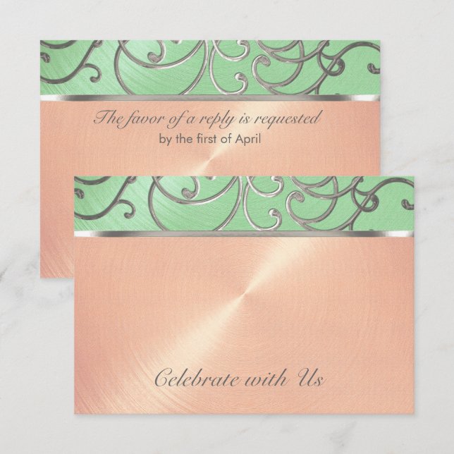 Convites Quinceanera Mint Green Peach Silver Swirl (Frente/Verso)