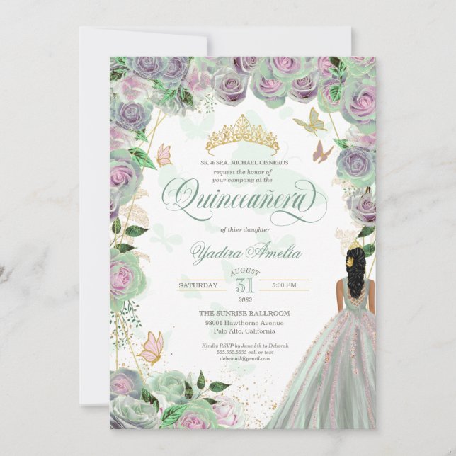 Convites Quinceanera Mint Green Rosas Elegantes Borboleta I (Frente)