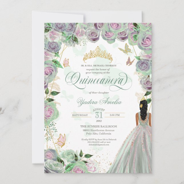 Convites Quinceanera Mint Green Rosas Elegantes Borboleta I (Frente)