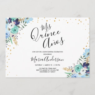 Convites Quinceañera Mis Quince Años Blue Floral Birthday