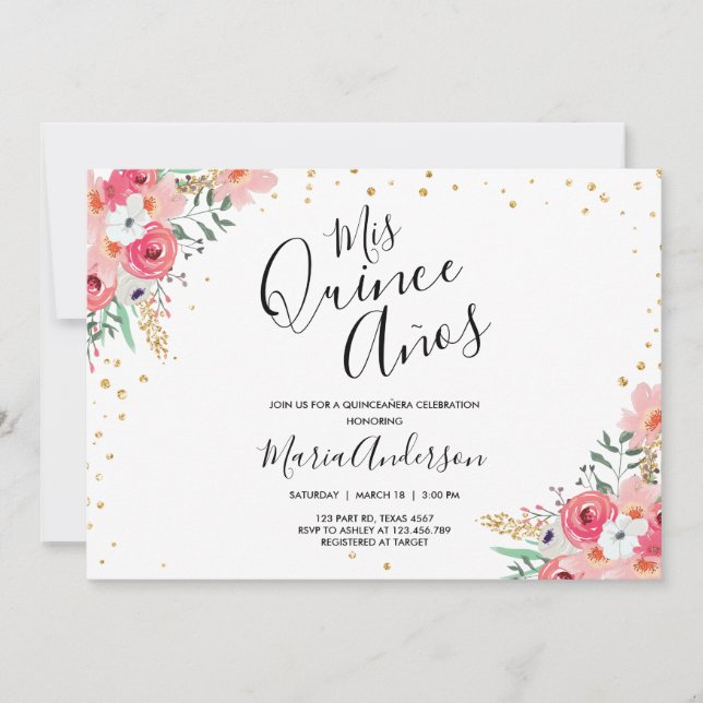 Convites Quinceañera Mis Quince Años Pink Noite Floral (Frente)