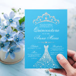 Convites Quinceañera Mis Quince Blue Turquoise<br><div class="desc">Quinceañera Mis Quince Anos. Diamante brilhante tiara / coroa e vestido / vestido. Turquesa clara e cores brancas azuis claras. Fácil de editar placas de modelo. Perfeito para a festa de aniversário 15.</div>