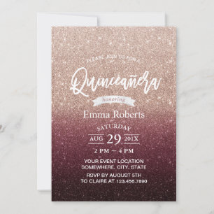 Convites Quinceanera Modern Burgundy e Rosa Dourado Ombre