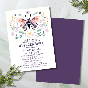 Convites Quinceañera Moderna Borboleta Rosa Púrpura Flora