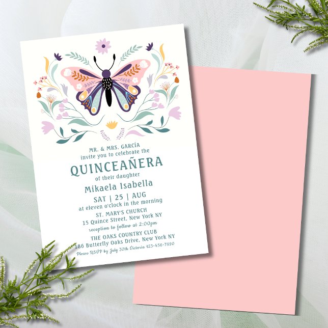 Convites Quinceañera Moderna Borboleta Rosa Púrpura Floral (Criador carregado)