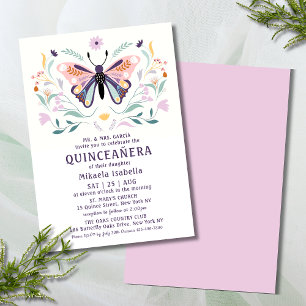 Convites Quinceañera Moderna Borboleta Rosa Púrpura Floral