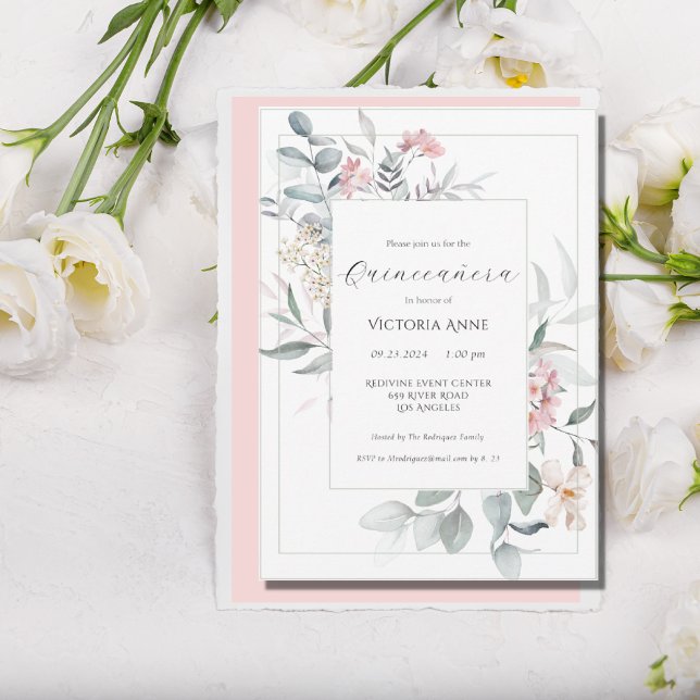 Convites Quinceañera Moderna Floral Rosa (Criador carregado)