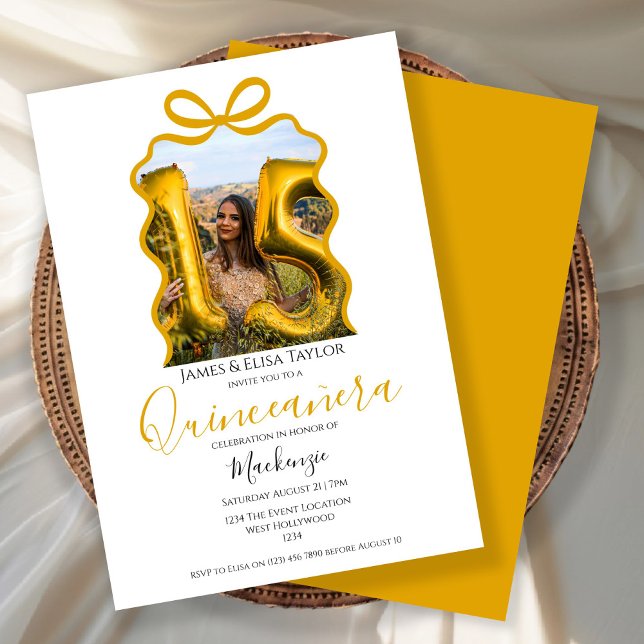 Convites Quinceanera Moderna Frame de Fita (Quinceanera Modern Ribbon Frame Invitation by Ricaso. A simple trendy photo template.  15 year old)