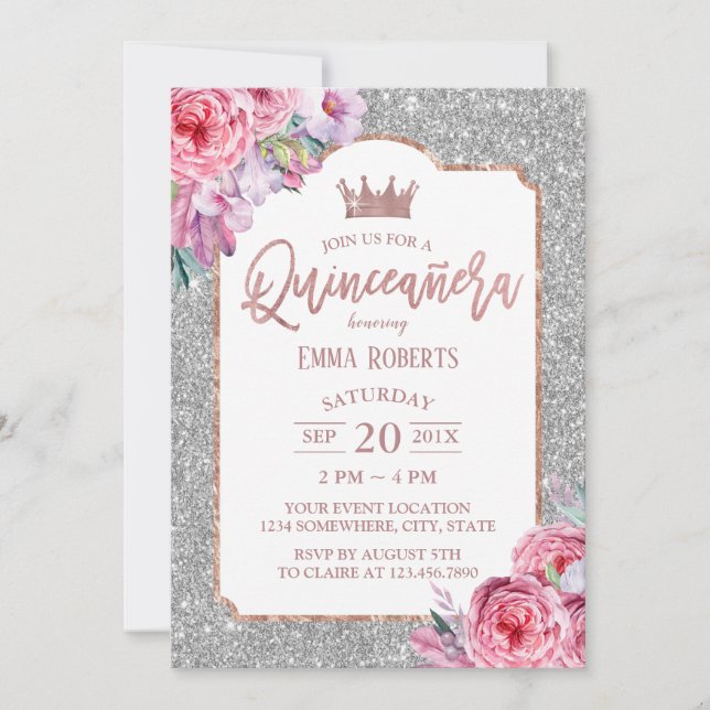 Convites Quinceanera Moderna Prata Floral Glitter Aniversár (Frente)