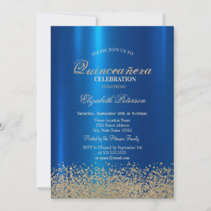 Convites Quinceañera Moderno Ouro Diamantes Azul Metálico