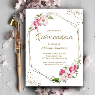 Convites Quinceanera Moldura Dourada Geométrica Floral Rosa