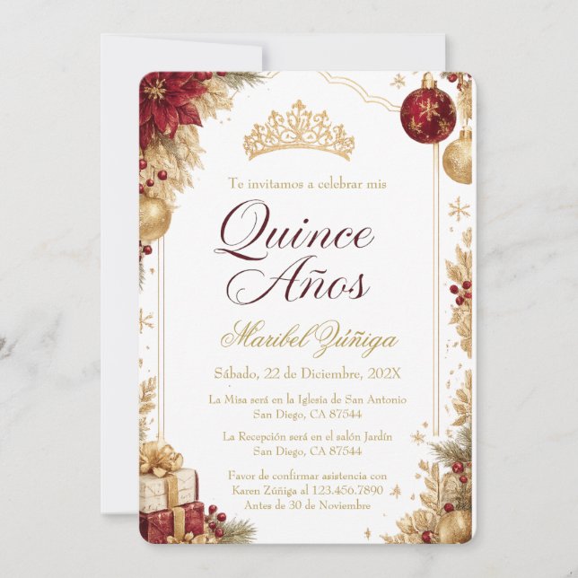 Convites Quinceañera Natal Borgonha & Dourado Feriado (Frente)