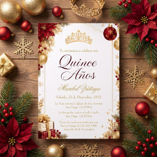 Convites Quinceañera Natal Burgundy & Dourado Feriado
