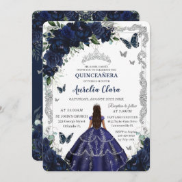 Convites Quinceañera Navy Blue Floral Silver Princess