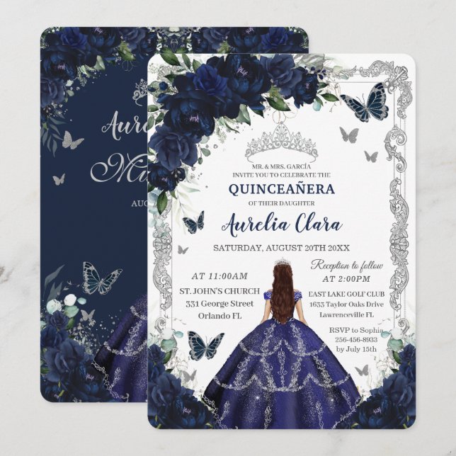 Convites Quinceanera Navy Blue Floral Silver Princess  (Frente/Verso)