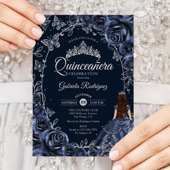 Convites Quinceanera Navy Silver Butterflies Roses (Criador carregado)