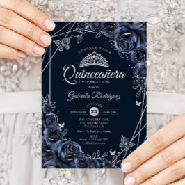 Convites Quinceanera Navy Silver Floral