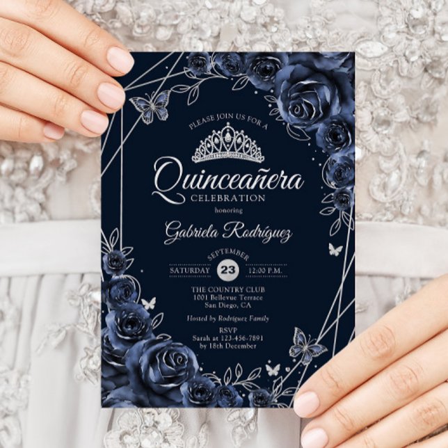 Convites Quinceanera Navy Silver Floral (Criador carregado)