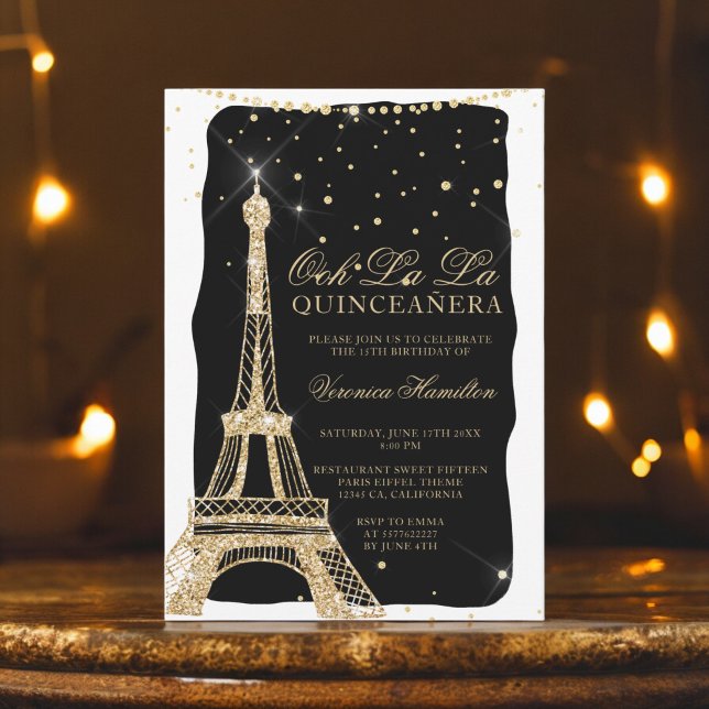 Convites Quinceanera negra da torre Eiffel (Eiffel tower chic gold glitter black quinceanera invitation)