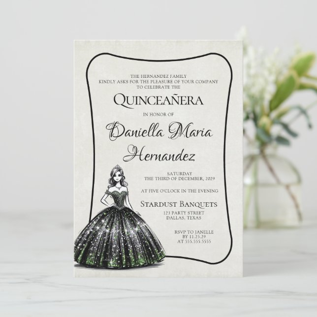 Convites Quinceañera Negra e Verde (Em pé/Frente)