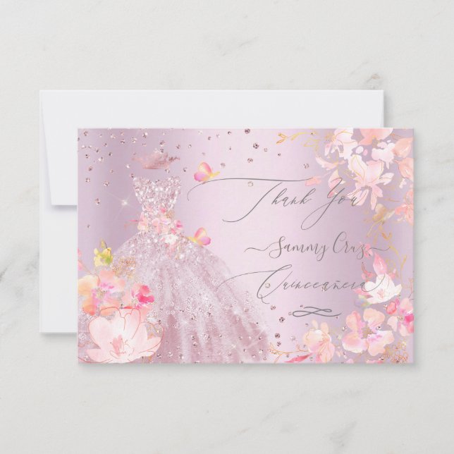 Convites Quinceanera Obrigado Dusty Rosa Glitter Gown (Frente)