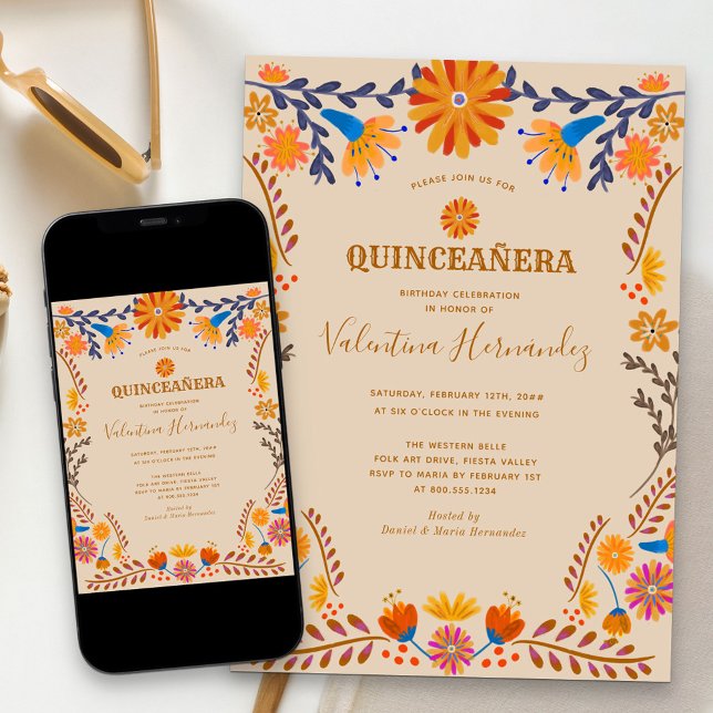 Convites Quinceanera Ocidental Floral Mexicana (Western style Quinceanera invitation with folk art flowers from my Mexican Floral collection)
