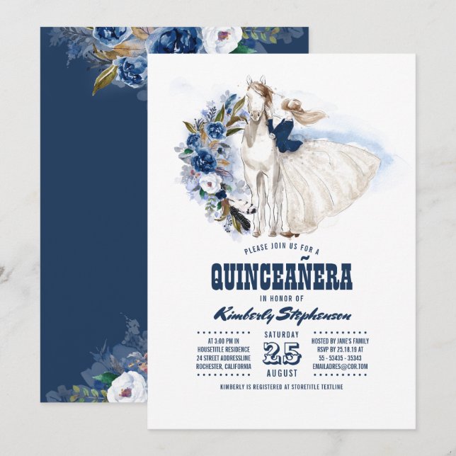 Convites Quinceañera Ocidental marinho Azul - Aniversário 1 (Frente/Verso)