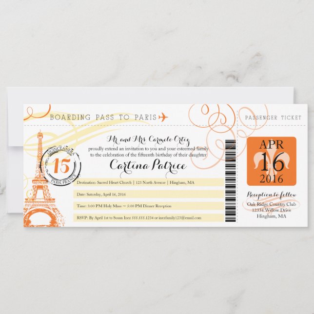 Convites Quinceanera Orange & Yellow Paris Born Pass (Frente)