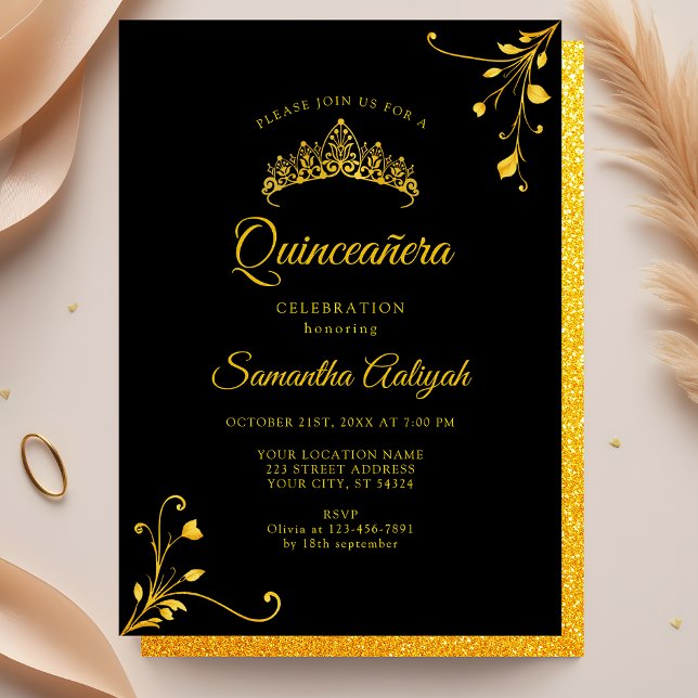 Convites Quinceanera, Ouro Negro moderno minimalista (Criador carregado)