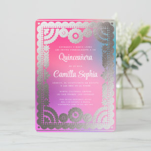 Convites Quinceañera Papel Picado Gradação Prata Rosa Rosa