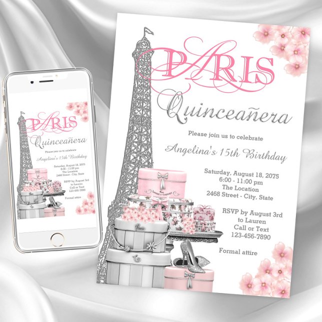 Convites Quinceanera Paris Rosa (Paris Quinceanera invitations. Instant download and printed invitations available.)