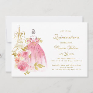 Convites Quinceanera Parisiense Chic Floral Dourado Rosa