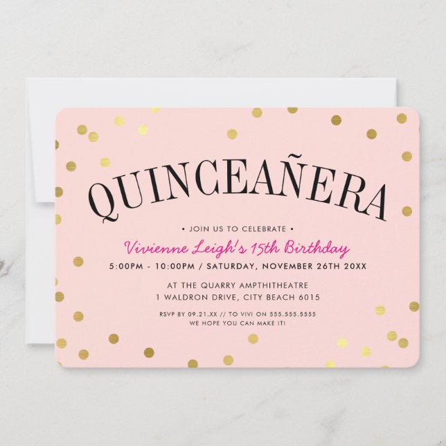 Convites QUINCEAÑERA PARTY luxe dourado manchas cor-de-rosa (Frente)