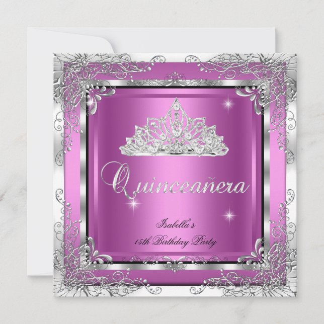 Convites Quinceanera Party Pink Silver Diamond Tiara (Frente)