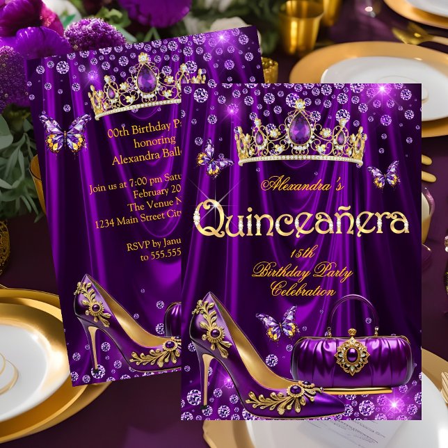 Convites Quinceanera party Purple Tiara High heel gold (Criador carregado)