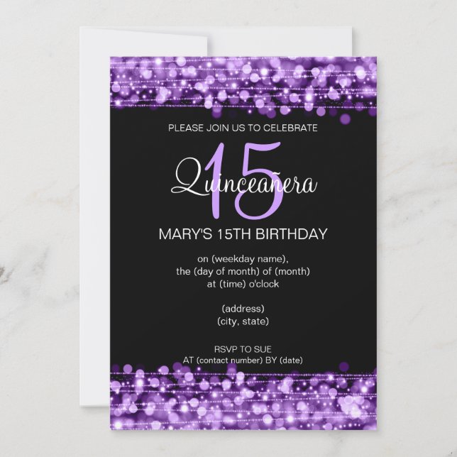 Convites Quinceañera Party Sparkles Purple (Frente)