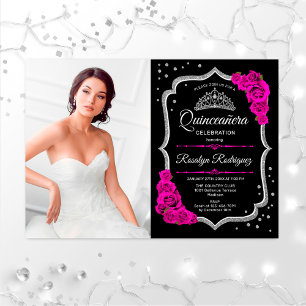 Convites Quinceanera Party With Photo - Black Pink Silver