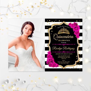 Convites Quinceanera Party With Photo - Pink Gold Black