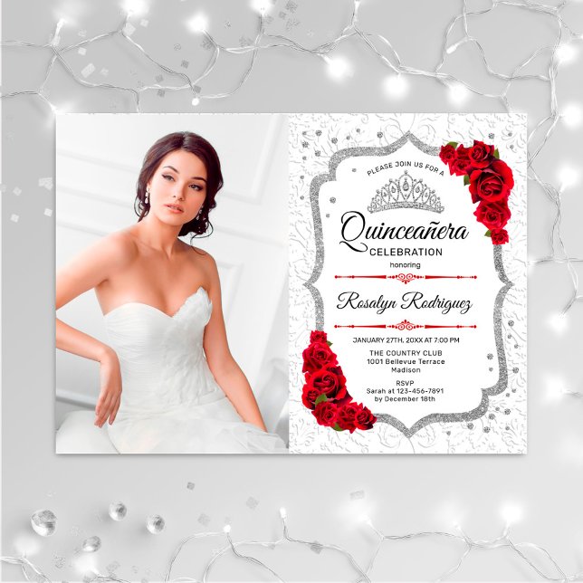 Convites Quinceanera Party With Photo Silver Red (Criador carregado)