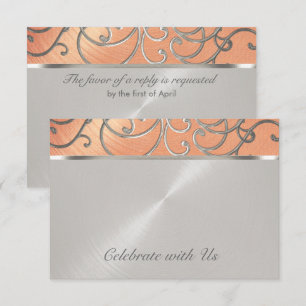Convites Quinceanera Peach e Silver Filigree Swirls
