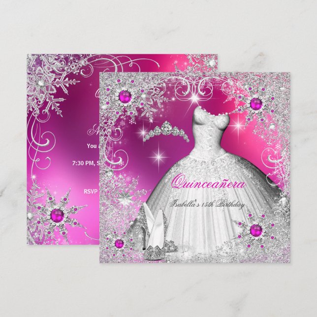 Convites Quinceanera Pearl Rosa Quente Prata Invernal Floco (Frente/Verso)