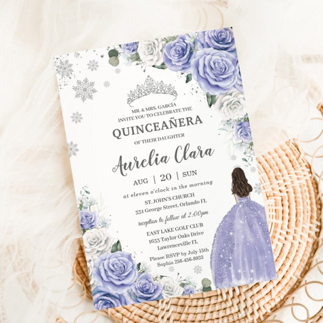 Convites Quinceañera Periwinkle Purple White Floral Winter (Criador carregado)