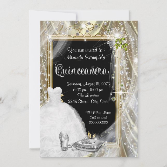 Convites Quinceañera Pérola Preta e Dourada (Frente)