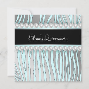 Convites Quinceanera Pérolas Azul Turquesa Zebra