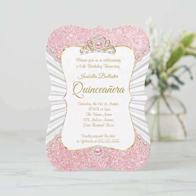 Convites Quinceanera Pérolas Rosa Tiara Dourada Festa de An (Em pé/Frente)