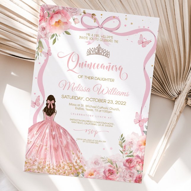 Convites Quinceanera Pink Blush Rosa Ouro Butterfly (Pink blush rose and butterfly Quinceañera invitation with golden foil details.)